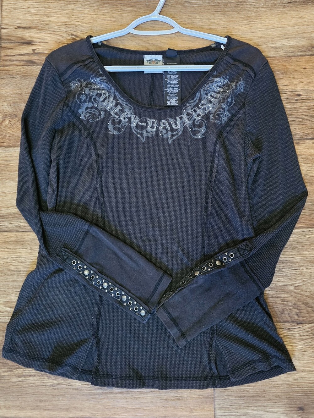 Harley-Davidson Y2K Thermal Long Sleeve Top - Black & Rhinestone Metal Grommets